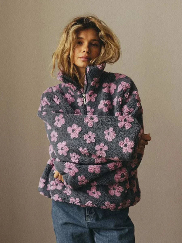 European and American Fleece Flower Pullover Hoodie