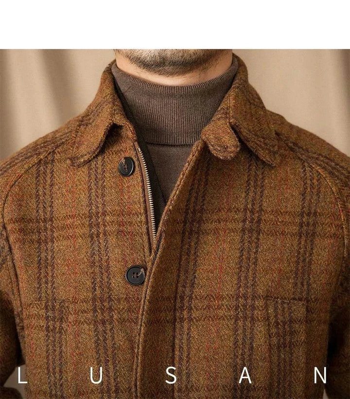 Mr. Lusan hunting tweed jacket in warm brown and orange check pattern with wool fabric and button details