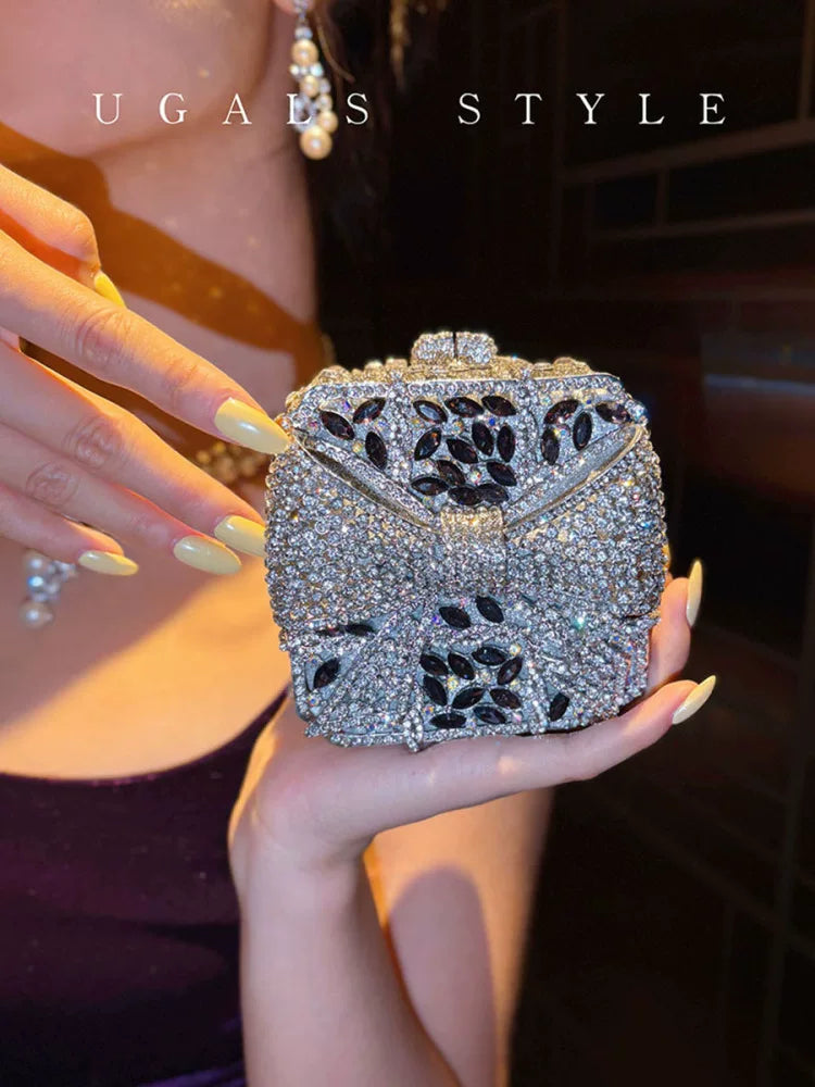UGALS heavy industry bow versatile full of rhinestones shiny mini banquet change key clutch crossbody box bag