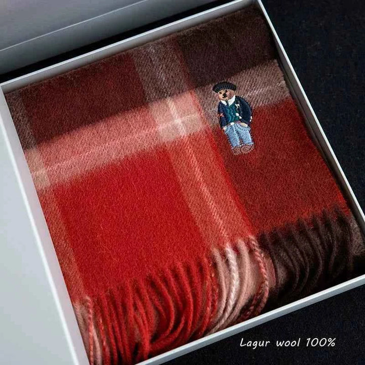 وشاح صوفي أحمر من UK order bear بنمط بريتيشي كلاسيكي مع شعار دب في صندوق هدية فاخر