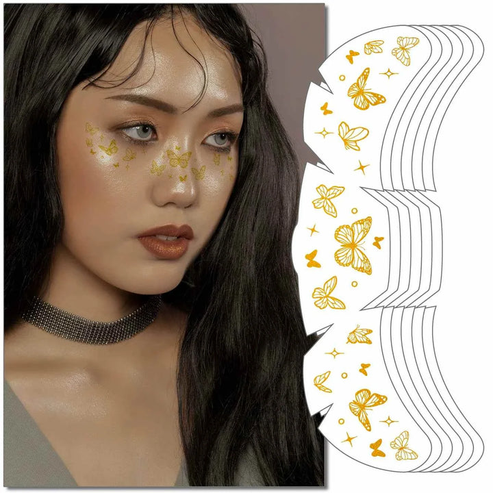 Taylor Swift Freckle Makeup Patches with gold butterfly designs applied on woman's cheeks for a sparkling, confident look
