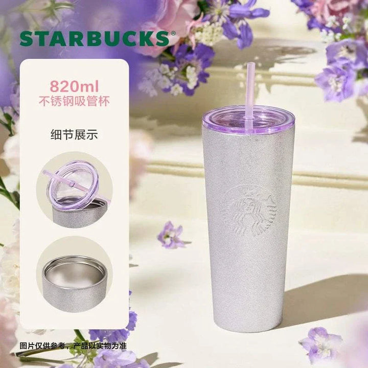 كوب ستاربكس بنفسجي أنيق بسعة 820 مل مع غطاء ومصاصة مقاومان للتسرب لتناول المشروبات الساخنة والباردة