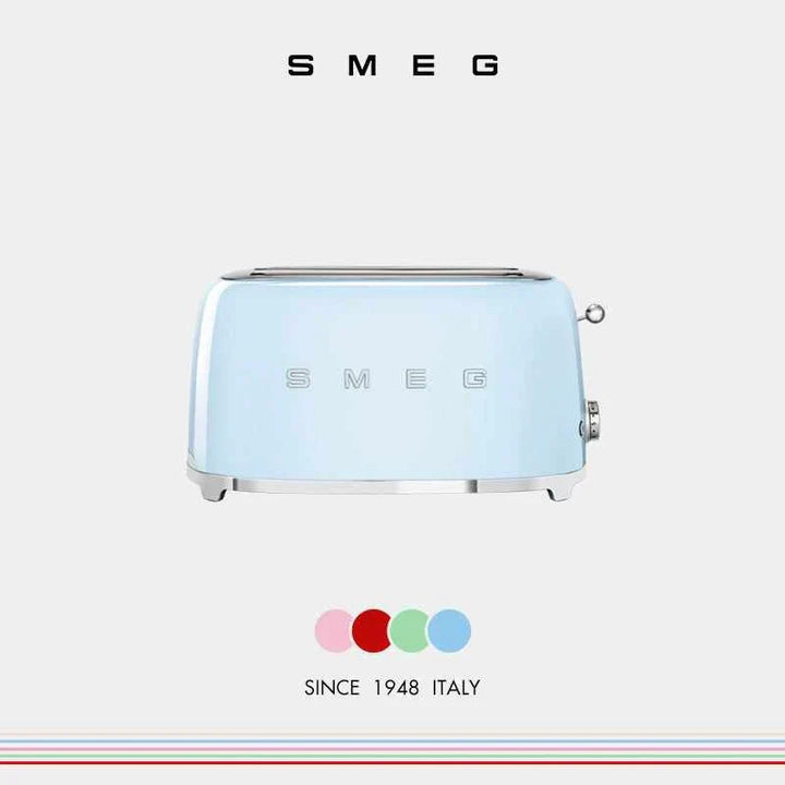 SMEG TSF02 toaster in pastel blue with classic Italian design, two wide slots, and six browning levels.
