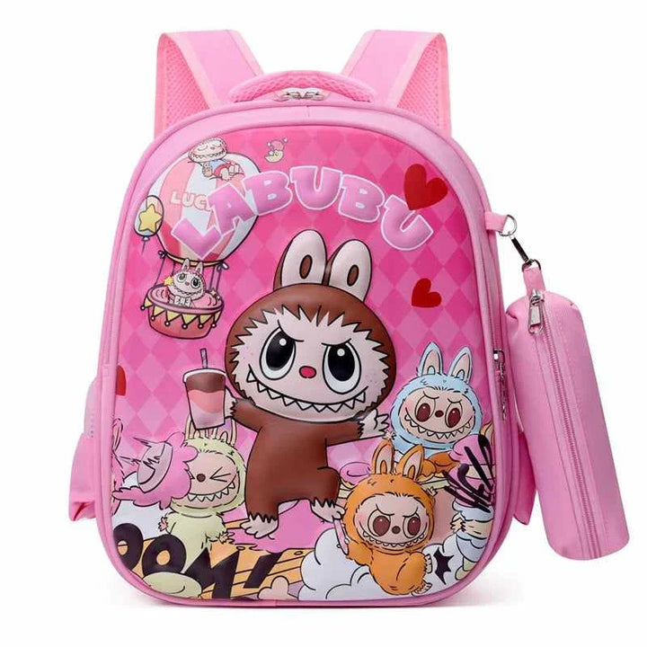 Pink LABUBU cartoon backpack for kids with multiple pockets and lightweight Oxford fabric design