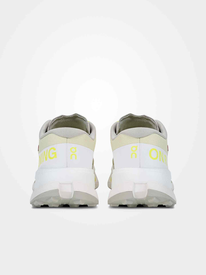 Rear view of OnRunning Cloudultra men's long-distance trail running shoes in white and beige