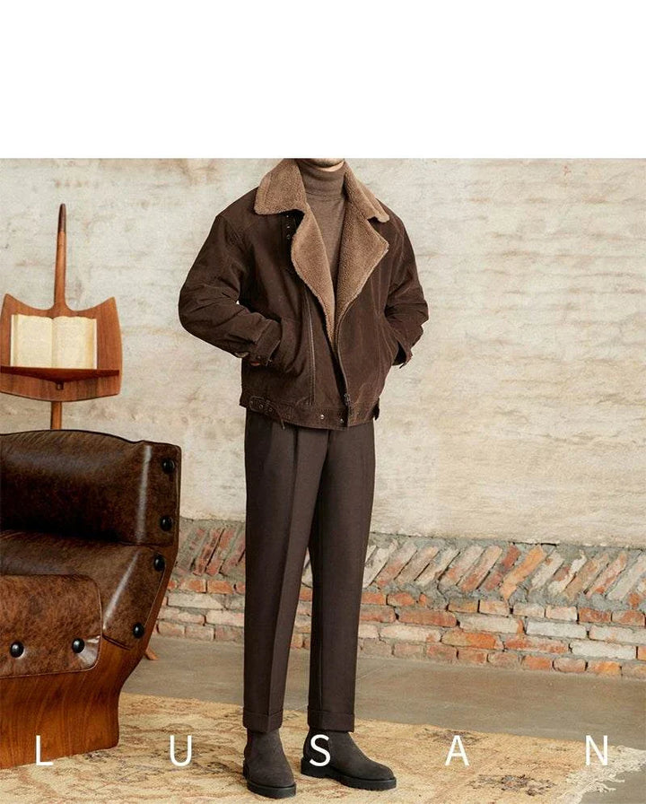 Mr. Lusan English jacket brown shearling collar warm stylish winter coat