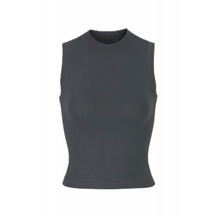 SKIMS sleeveless mock neck tank top in dark gray with stretchy soft fabric and simple versatile design