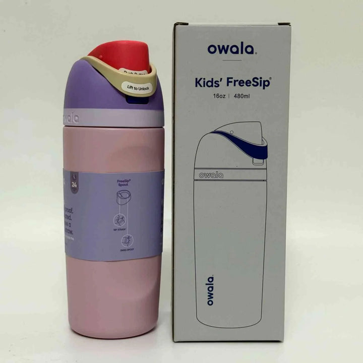 Owala FreeSip kids' water bottle with dual spout, leak-proof design, stainless steel insulation, and BPA-free safety in pink and purple colors.