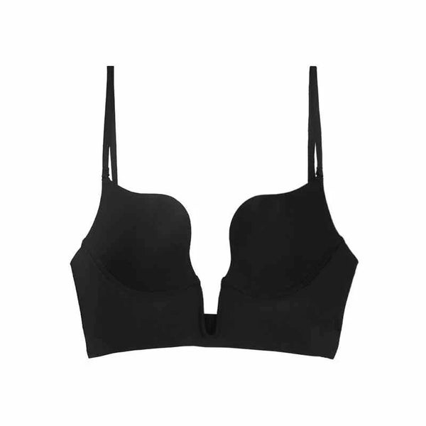 Black SKIMS Kardashian seamless deep V bra for women with adjustable straps and breathable fabric.