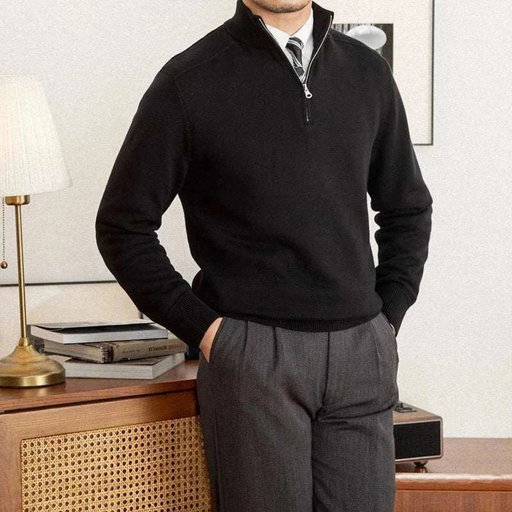 Mr. Lusan Italian slim stand collar sweater black half-zip knit with ribbed cuffs and tailored fit for a refined casual or professional look