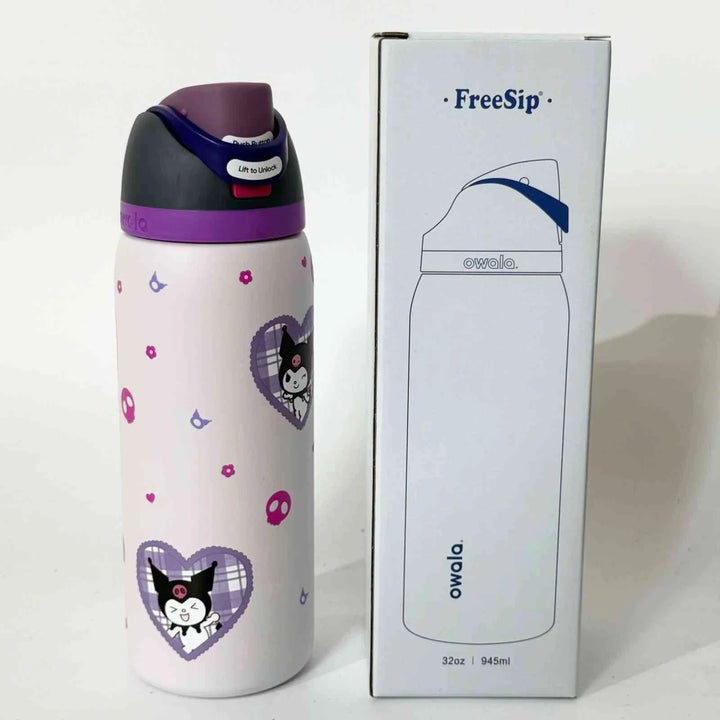 Owala FreeSip pink stainless steel water bottle with dual spout and leak-proof design next to its box