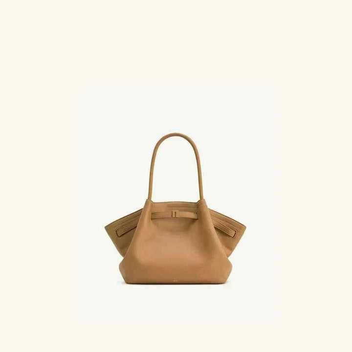 JW PEI Dumpling Large vegan leather tote bag in tan with soft, spacious design and top handles for hand or shoulder carry