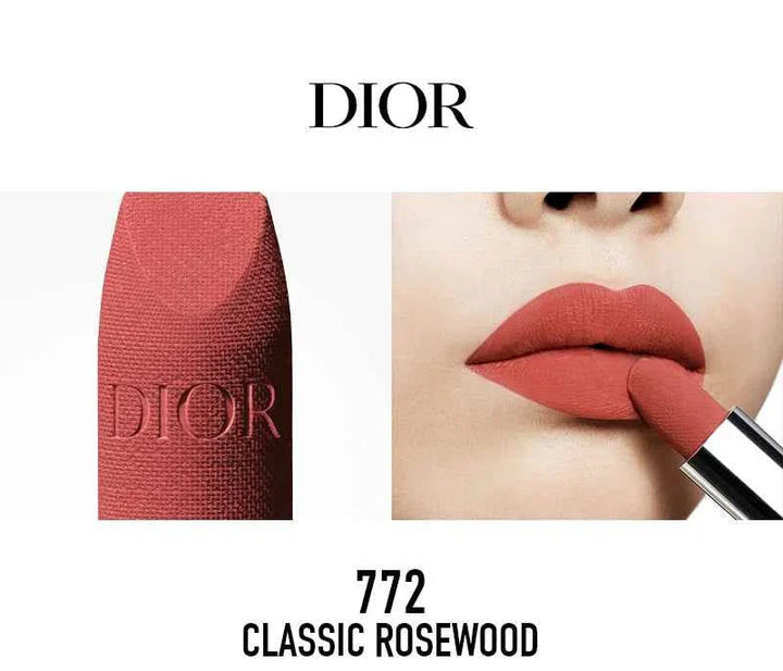 Rouge Dior الكلاسيكية Classic Rosewood 772 lipstick close-up on lips and textured bullet with Dior logo