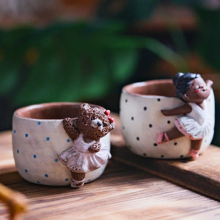 كوب قهوة يدوي Yifang من الطين الخزفي مزين بدب وراقصة باليه بشكل ثلاثي الأبعاد بألوان ناعمة