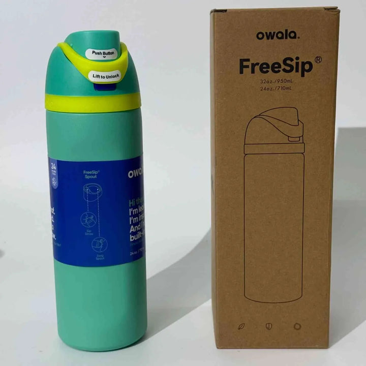 Owala Thermos Cup in turquoise with yellow lid and leak-proof FreeSip design next to its recyclable cardboard packaging