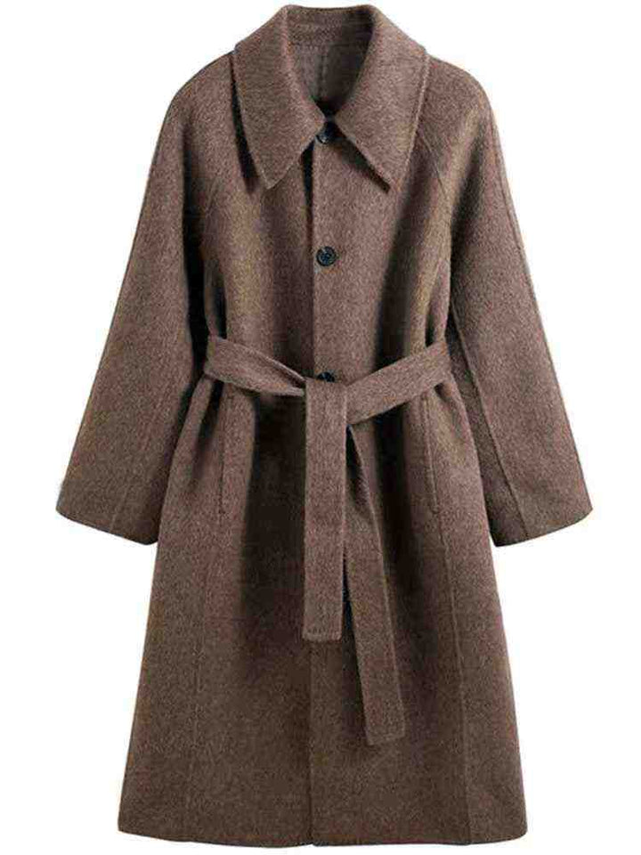 Brown long winter coat made from luxurious goat wool with belt and button closure