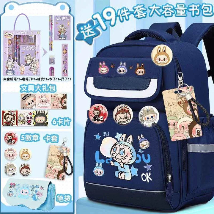 Labubu school bag in navy blue with cartoon badges, spacious compartments, and included school supplies set for kids.