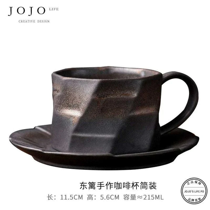 JOJO'S L.PD. East. handmade ceramic coffee cup with saucer, Japanese retro design, earthy brown and gray finish, 215ml capacity