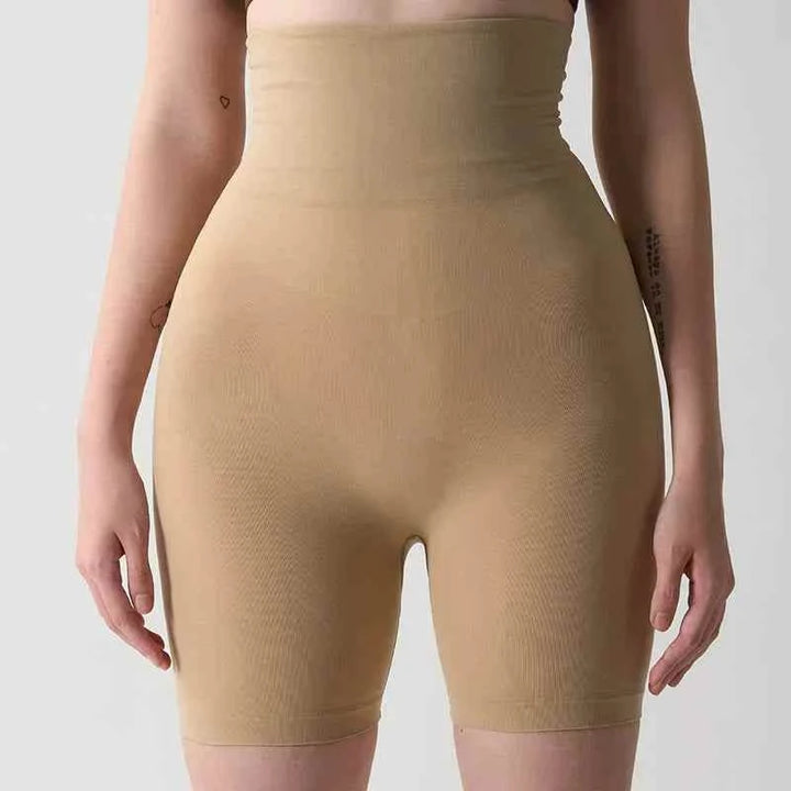 High-waist beige body shaping shaper shorts with seamless edges for smooth silhouette and comfortable daily wear