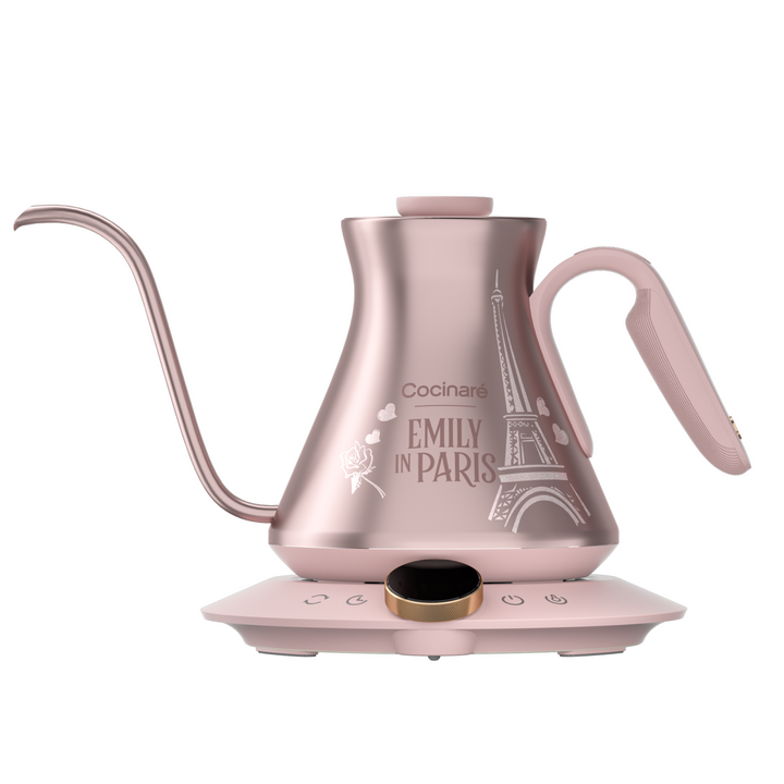pink Cocinare electric kettle with artistic Paris-themed design and precision temperature control