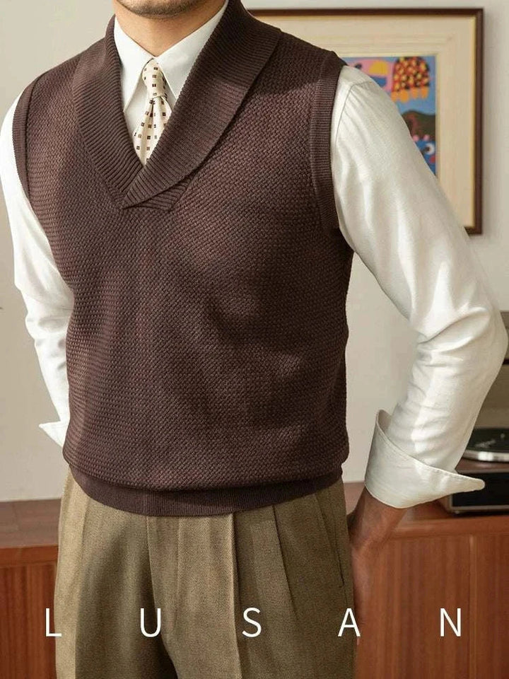 Mr. Lusan warm sweater vest with shawl collar in brown knitted texture, styled over a white shirt for a classic look