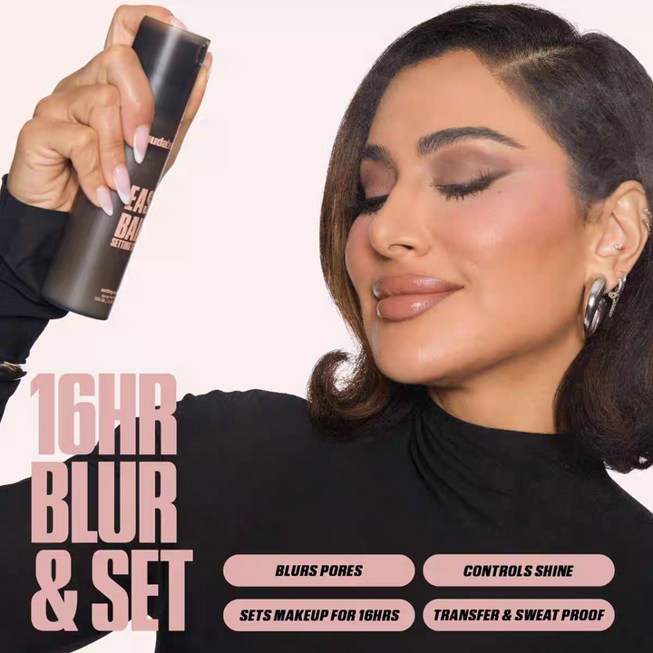 Huda Beauty بخاخ إيزي بيك لتثبيت المكياج، 16 ساعة، إخفاء المسام، السيطرة على اللمعان.