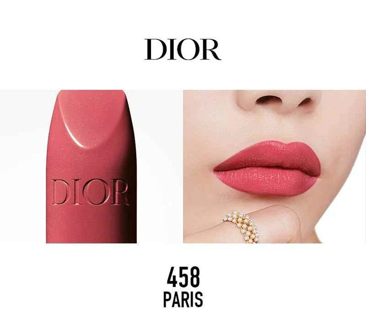 Close-up of Rouge Dior classic lipstick shade 458 Paris with lips wearing matching soft pink color and Dior logo above