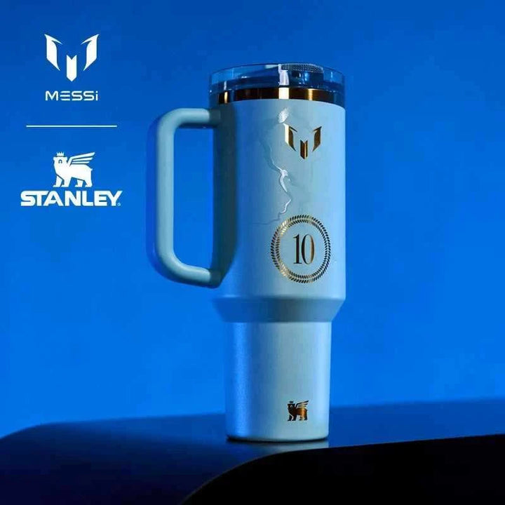 Blue Messi × Stanley limited edition 1.18L Quencher Protour Flip Straw cup with gold accents and iconic number 10 logo