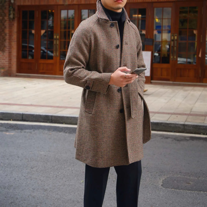 Mr. Lu San Balmacan wool coat brown houndstooth pattern warm stylish men's outerwear