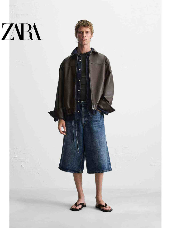 جاكيت بومبر رجالي فضفاض من الجلد الصناعي لفصل الصيف من ZARA2025 بأكمام طويلة وسحاب أمامي