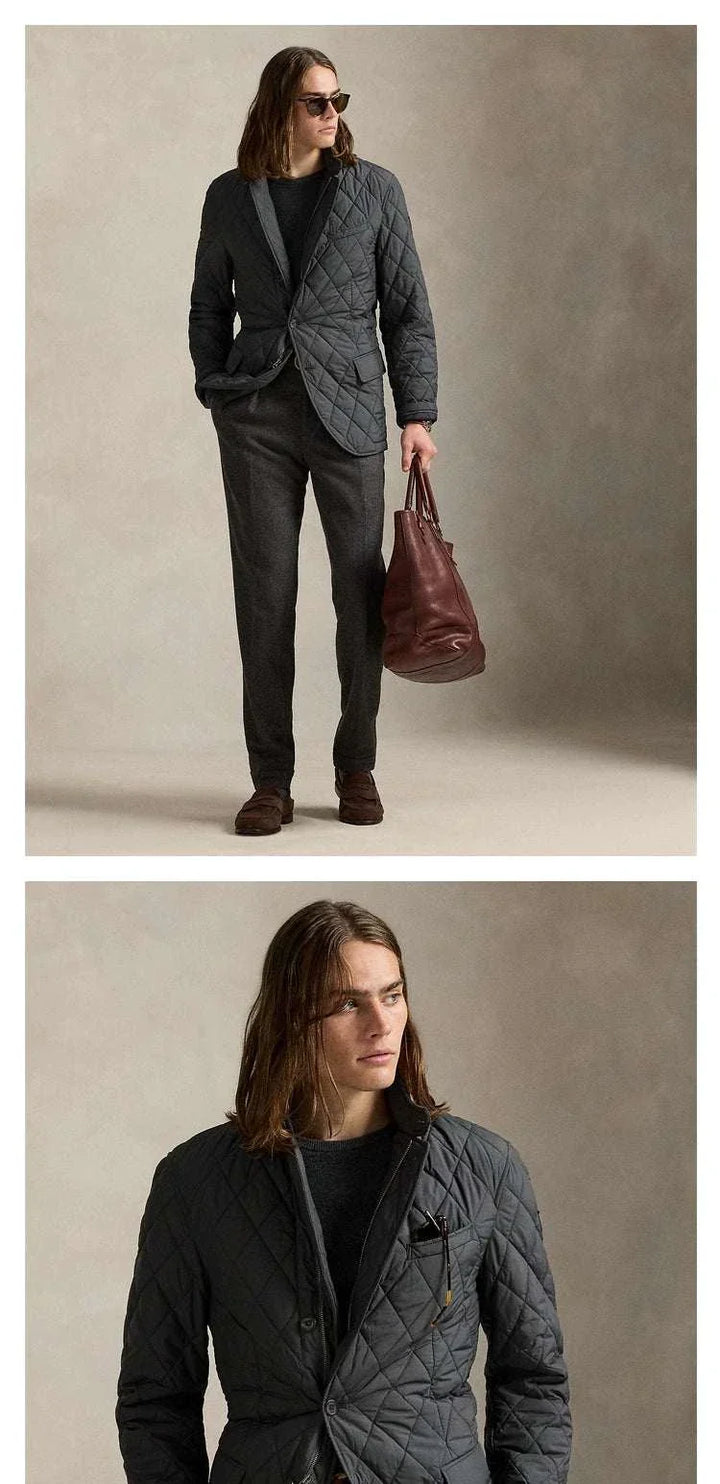 جاكيت رالف لورين مبطن بنمط ماسي رمادي داكن للرجال مع تصميم كلاسيكي وعصري