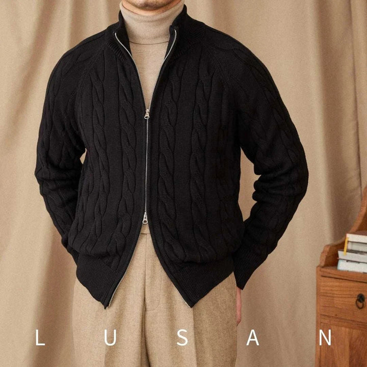 Mr. Lusan black cotton knitted British cardigan with braided pattern and double zipper closure