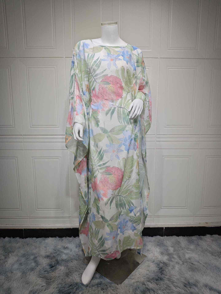 Modest chiffon dress with floral prints, lightweight and elegant for spring and summer.