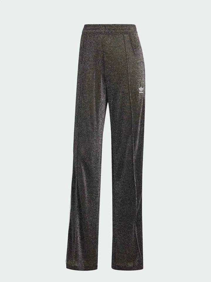 shiny black Adidas wide-leg pants with classic three stripes and logo for sporty and casual wear