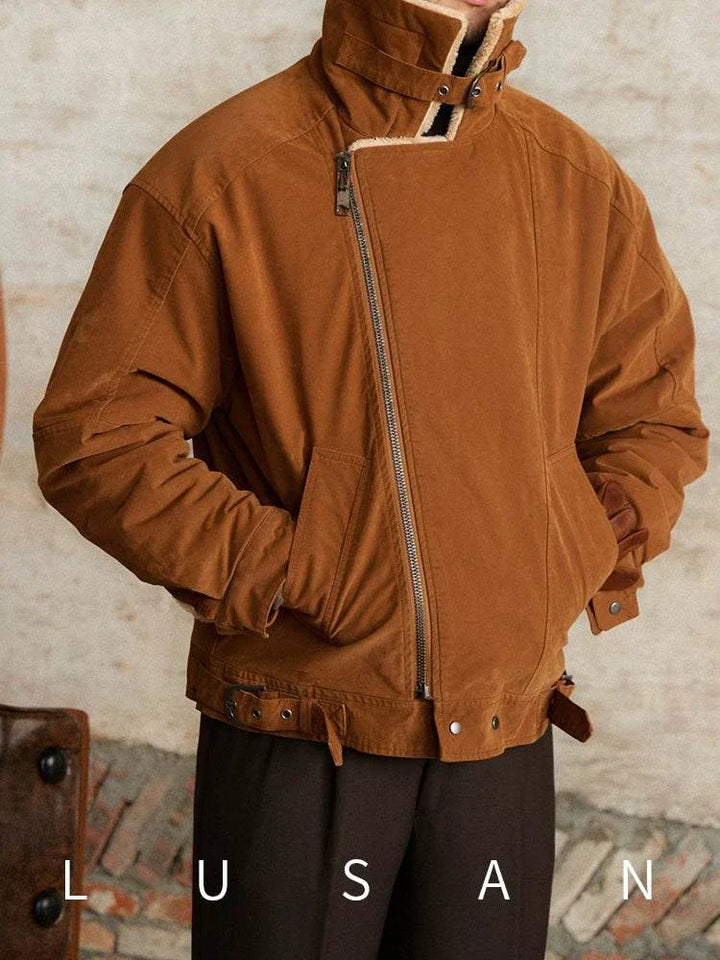 Mr. Lusan English jacket brown Sherling collar winter coat with adjustable waist buckle and side pockets