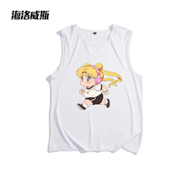 White sleeveless t-shirt with cartoon girl print wearing headphones, casual and comfortable summer wear