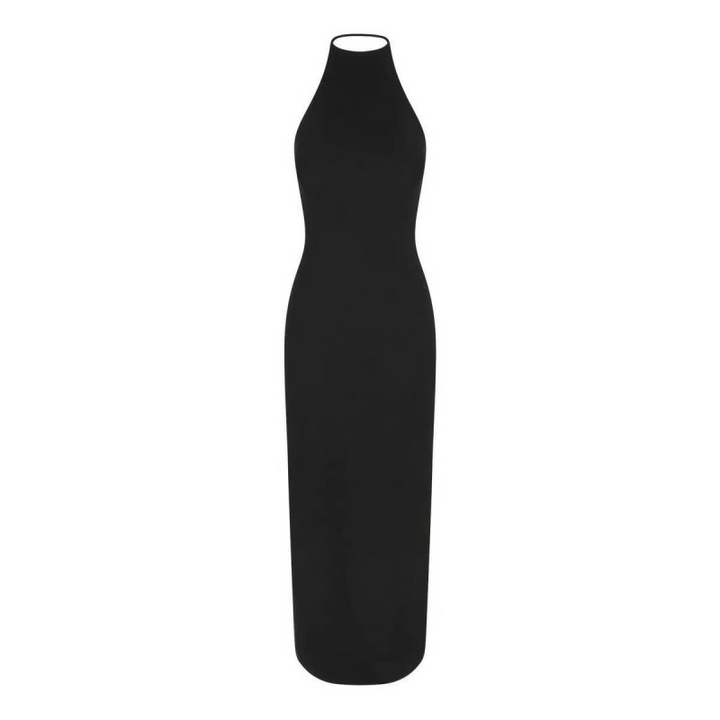 SKIMS black open back maxi dress with slim fit and thin straps