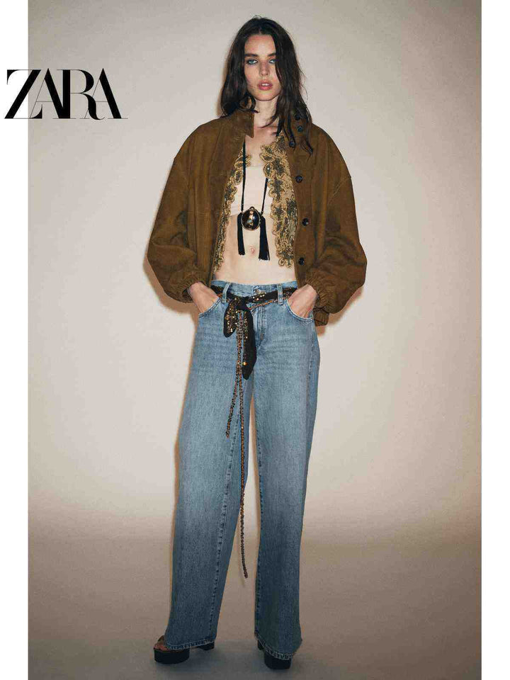 جاكيت بومبر جلد نسائي جديد لخريف ZARA2025 بتصميم عصري وأكمام واسعة