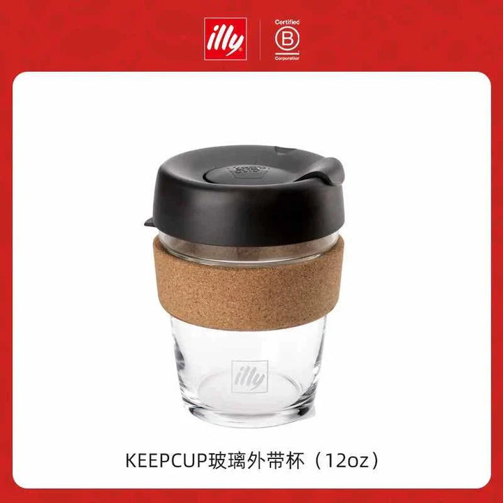 كوب شاي وزجاجي محمول من illy KEEPCUP بسعة 12 أونصة مع غلاف سدادة سوداء وغطاء أسود محكم الغلق