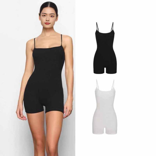 Woman wearing black SKIMS short romper with thin straps, plus black and white romper options displayed on the side