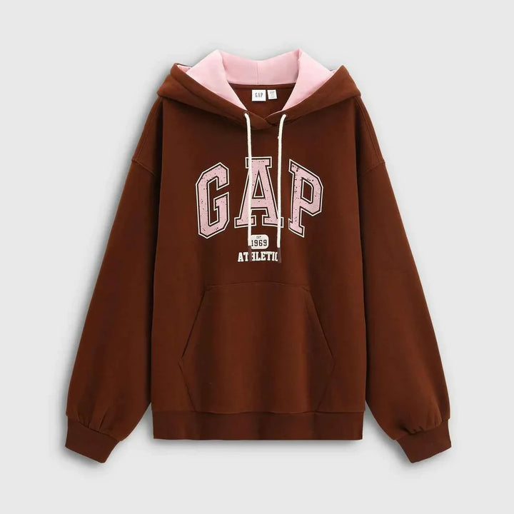 هودي Gap كلاسيك أصلي رجالي ونسائي بني مع شعار Gap وتصميم كاجوال بأكمام طويلة وغطاء رأس وردي داخلي