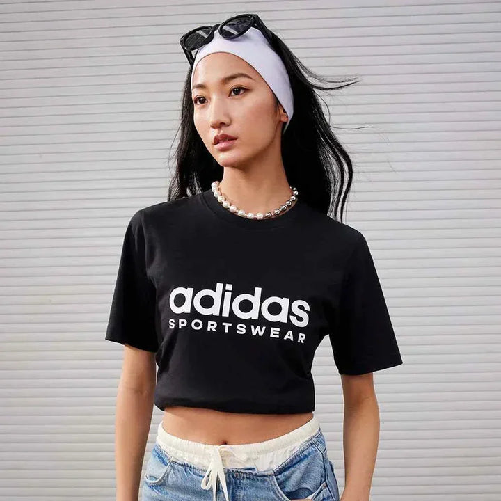 تيشيرت قطني أسود بسيط بأديداس للزوجين بتصميم رياضي أنيق