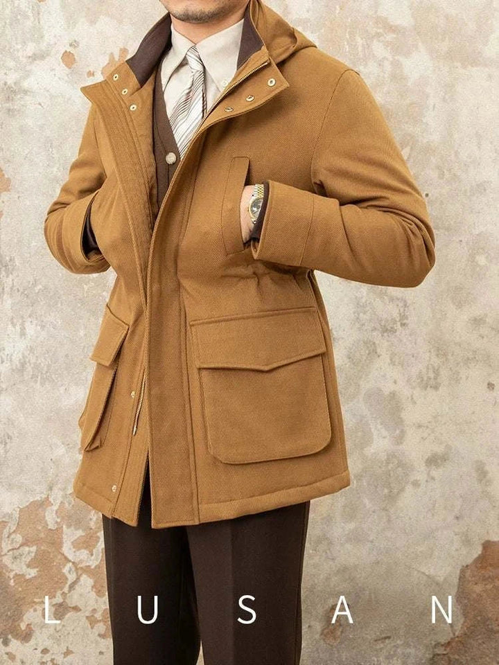 Mr. Lusan Jacket camel brown warm wool blend with hood and multiple pockets for stylish cold weather layering
