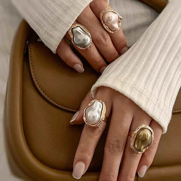  geometric ringخاتم نسائي بأناقة أوروبية وأمريكية بتصميم باروكي غير منتظم مع لآلئ صناعية على الأصابع لاستايل عصري فاخر