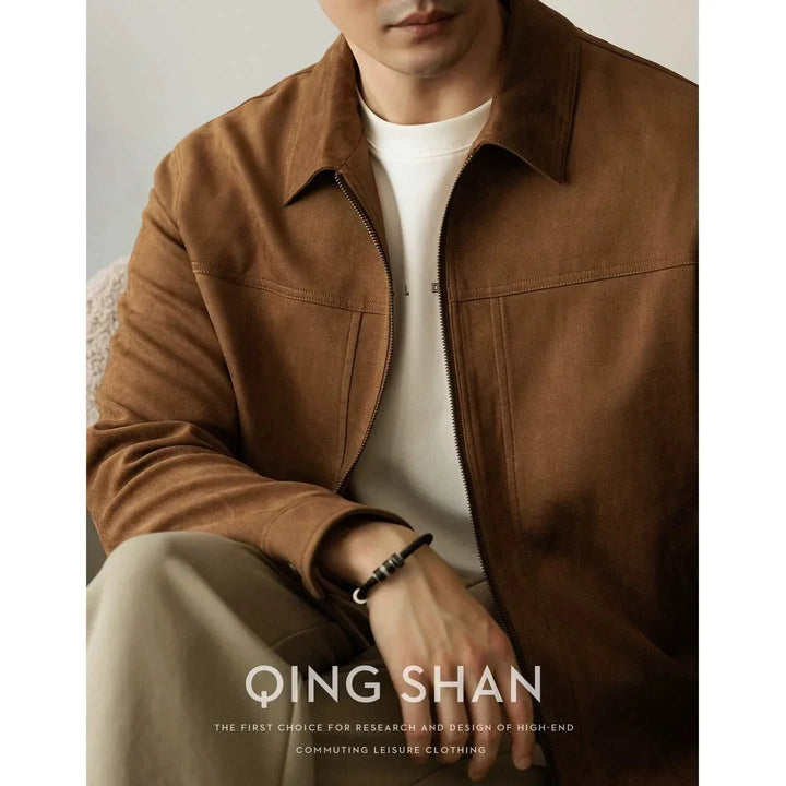 جاكيت شامواه رجالي بني كلاسيكي بأكمام طويلة وياقة مستقيمة وسحاب معدني عالي الجودة