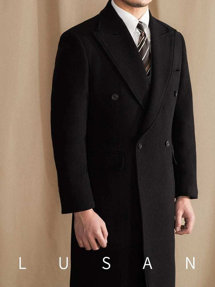 Mr. Lusan coat black double-breasted wool coat with wide lapels and elegant tailored fit