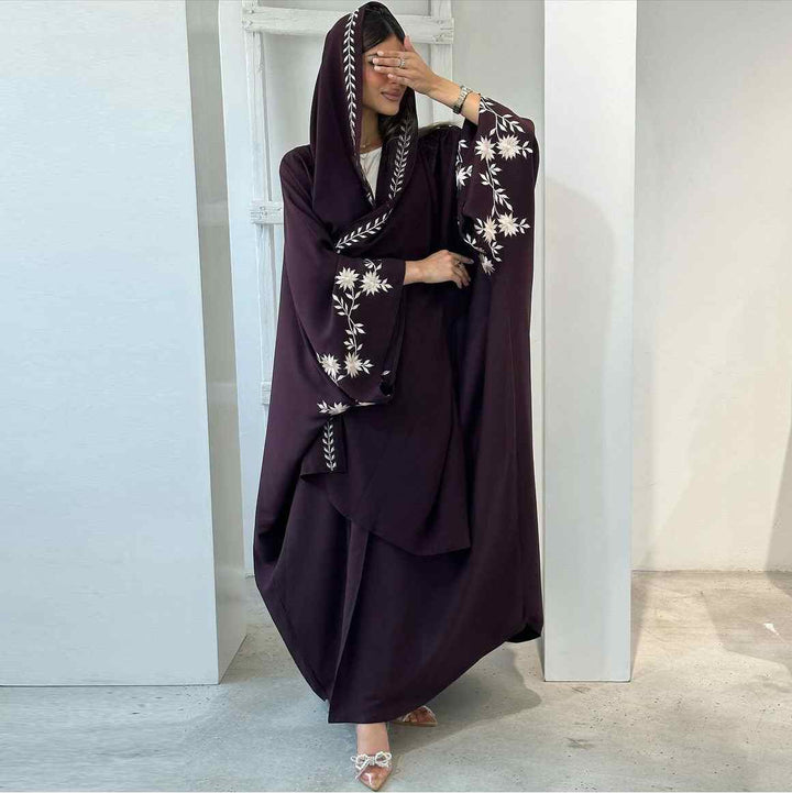 Embroidered abaya with matching hijab, featuring elegant floral embroidery on sleeves and edges.