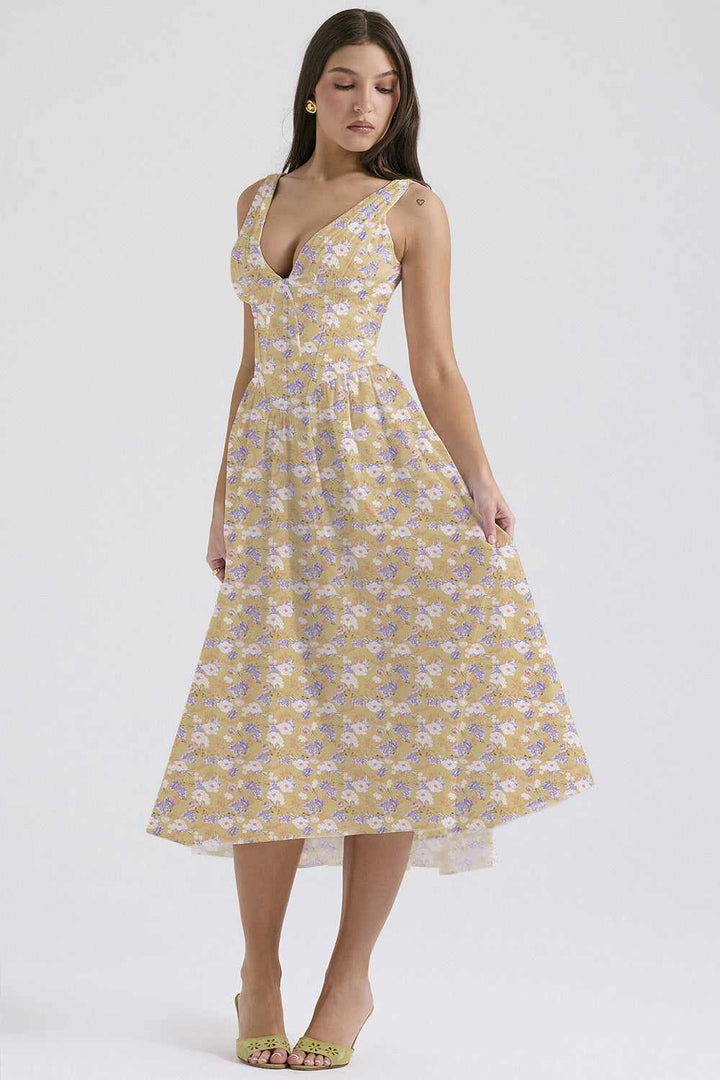 European and American style fashion print slip dress with V-neck and floral design.