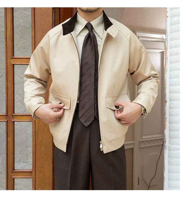 Mr. Lusan Jacket retro waterproof beige jacket with brown velvet collar and front button pockets