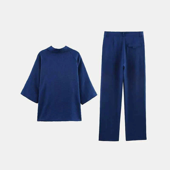 Women's summer clothing set featuring a navy linen pleated shirt and loose pants in European and American style